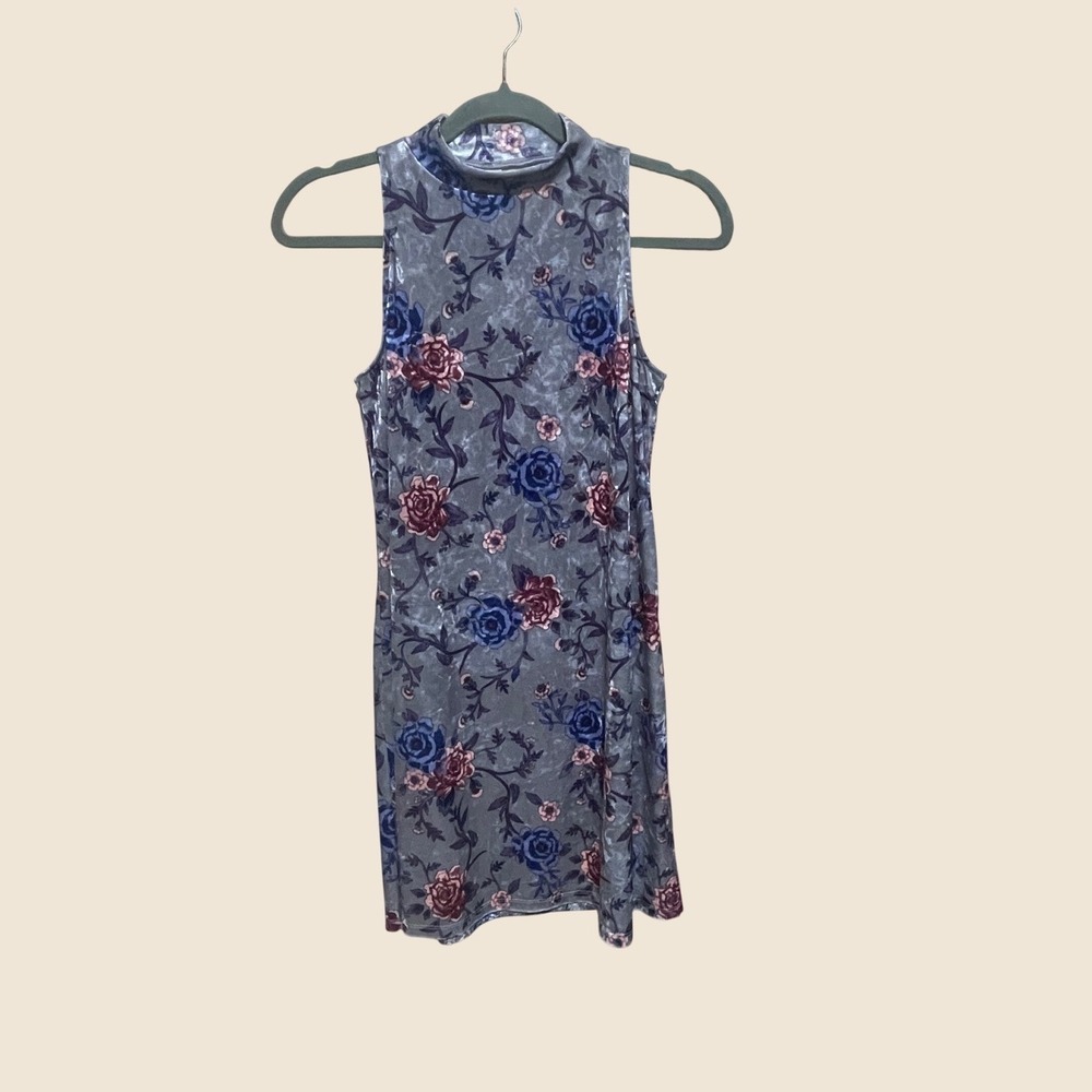 Mudd Mini Dress S Gray Floral Sleeveless Mock Neck Velvet Romantic Dark Moody